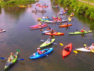Last year’s “Boat Float” photographed by a drone.  More than 300 boats are already registered to participate this year.  Courtesy of Derrick Pratt, Chittenango Landing Canal Boat Museum.